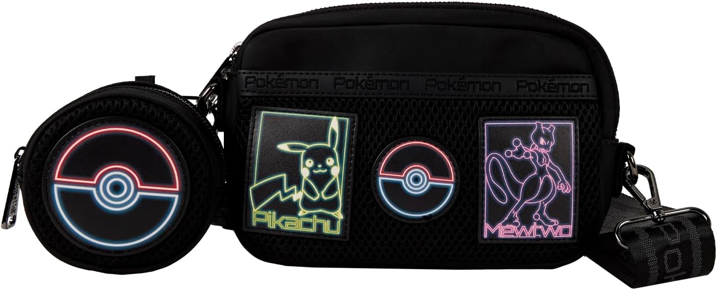 Loungefly Pokémon Pikachu & Mewtwo Glow Nylon Sling Crossbody Bag with Coin Bag
