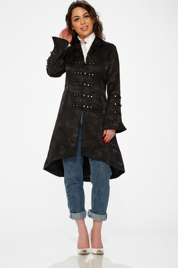 Orchid Bloom Black Brocade HiLo Coat-3