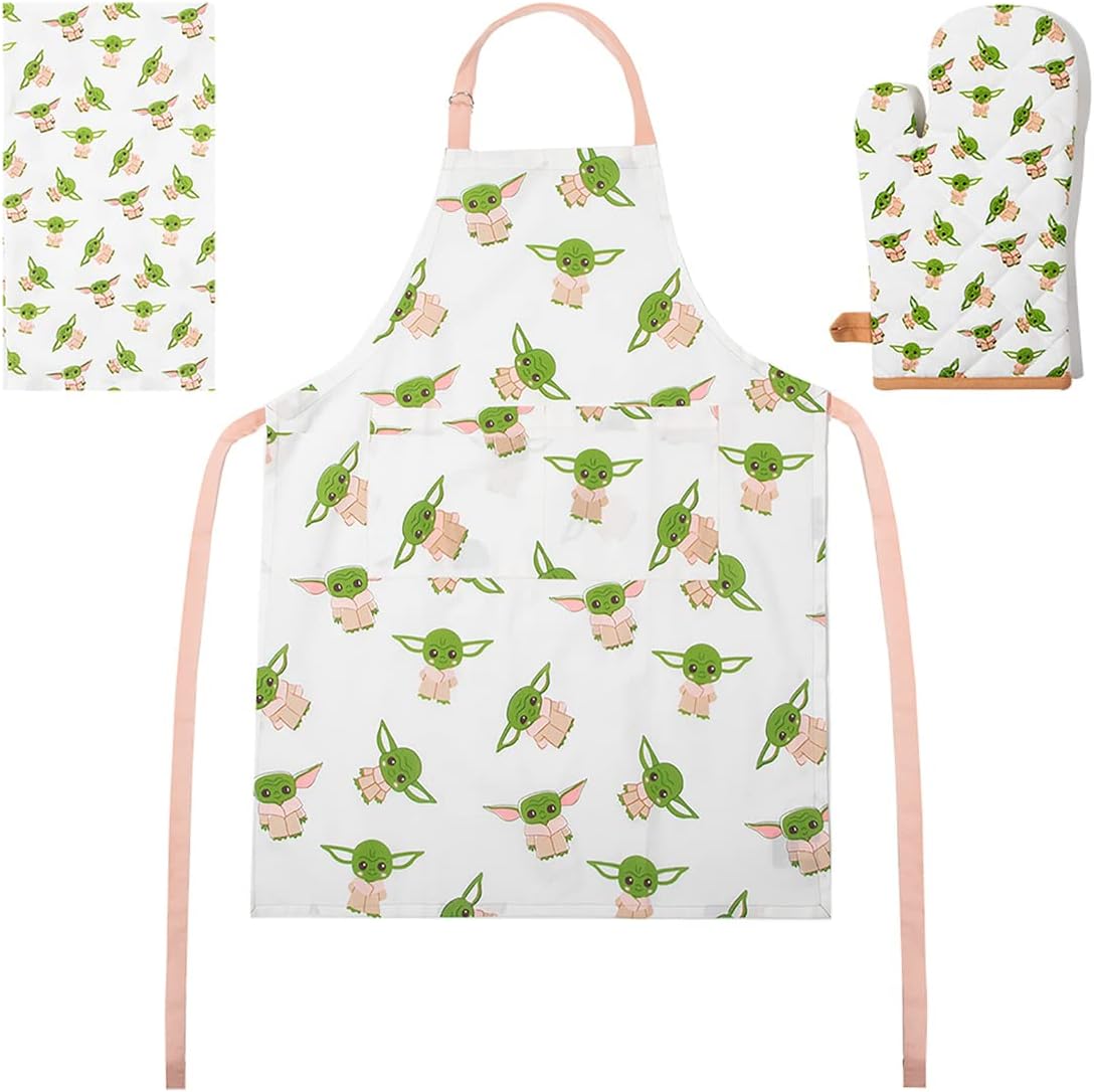 Star Wars The Mandalorian The Child Pattern Kitchen Apron, dish towel and oven mitt Textile Set of 3