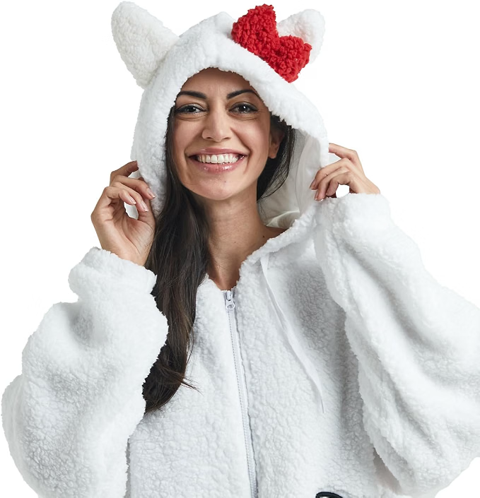 Hello Kitty Women's White Long Sleeve Cosplay Faux Shearling Zip-Up Hoodie-zoom-2