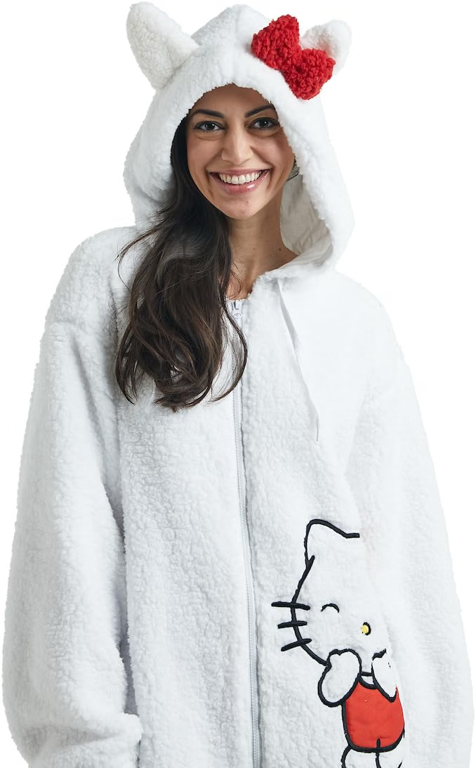 Hello Kitty Women's White Long Sleeve Cosplay Faux Shearling Zip-Up Hoodie-zoom-3