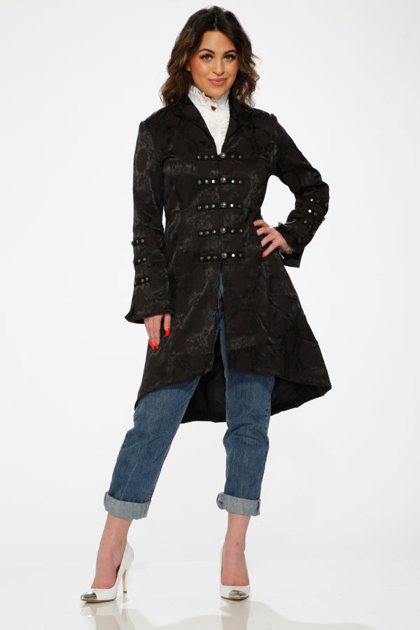 Orchid Bloom Black Brocade HiLo Coat-4