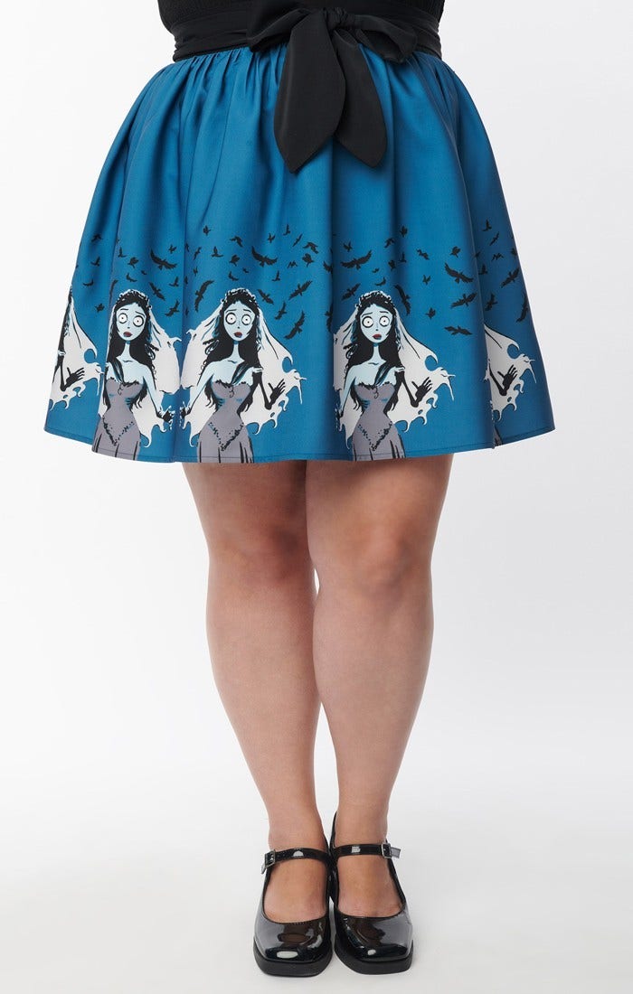 Corpse Bride x Unique Vintage Black & Blue Border Print Asymmetrical Swing Skirt