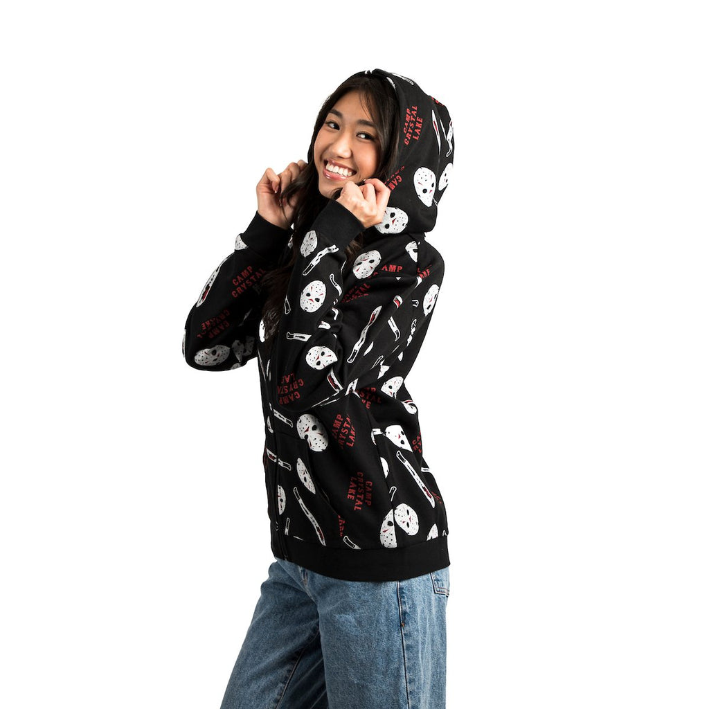 BIOWORLD Friday the 13th Jason Face AOP Adult Zip Up Hoodie Multicolored