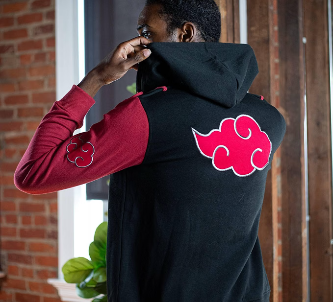 Naruto Shippuden Men's Full Zip-Up Hooded Sweatshirt Akatsuki Cloud Anime Fleece Hoodie Black Red-zoom-7