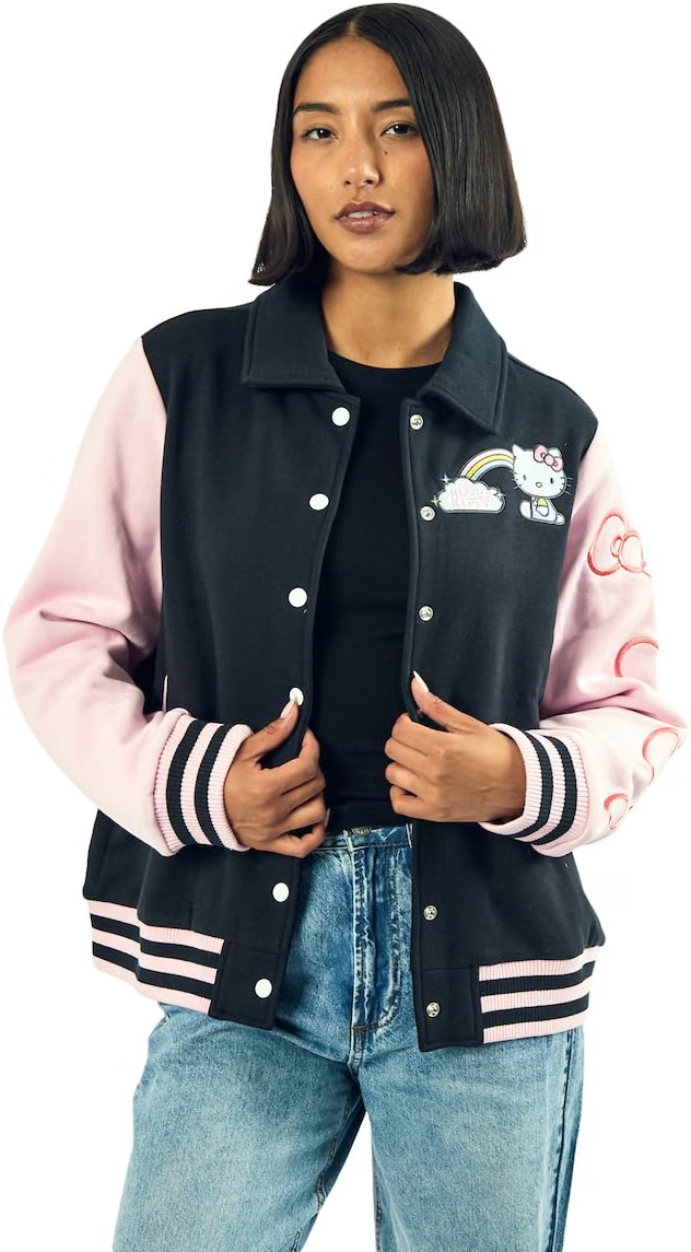Bioworld Sanrio Hello Kitty Varsity Jacket Women's Embroidered Rainbow Patch Button Up