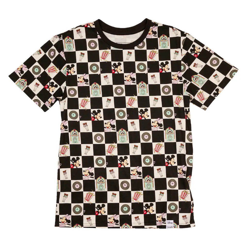 Loungefly Apparel Disney Mickey and Minnie Date Night Diner Checkered unisex t shirt-1