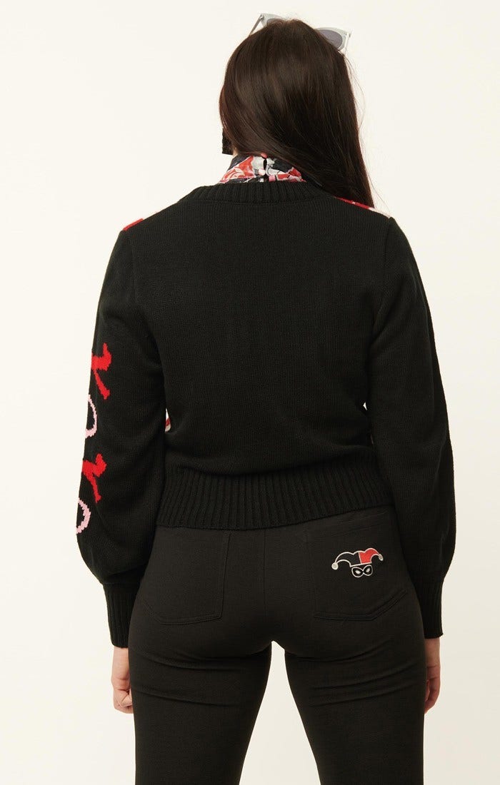 Unique Vintage Harley Quinn x Smak Parlour black and red argyle XOXO Cardigan-4