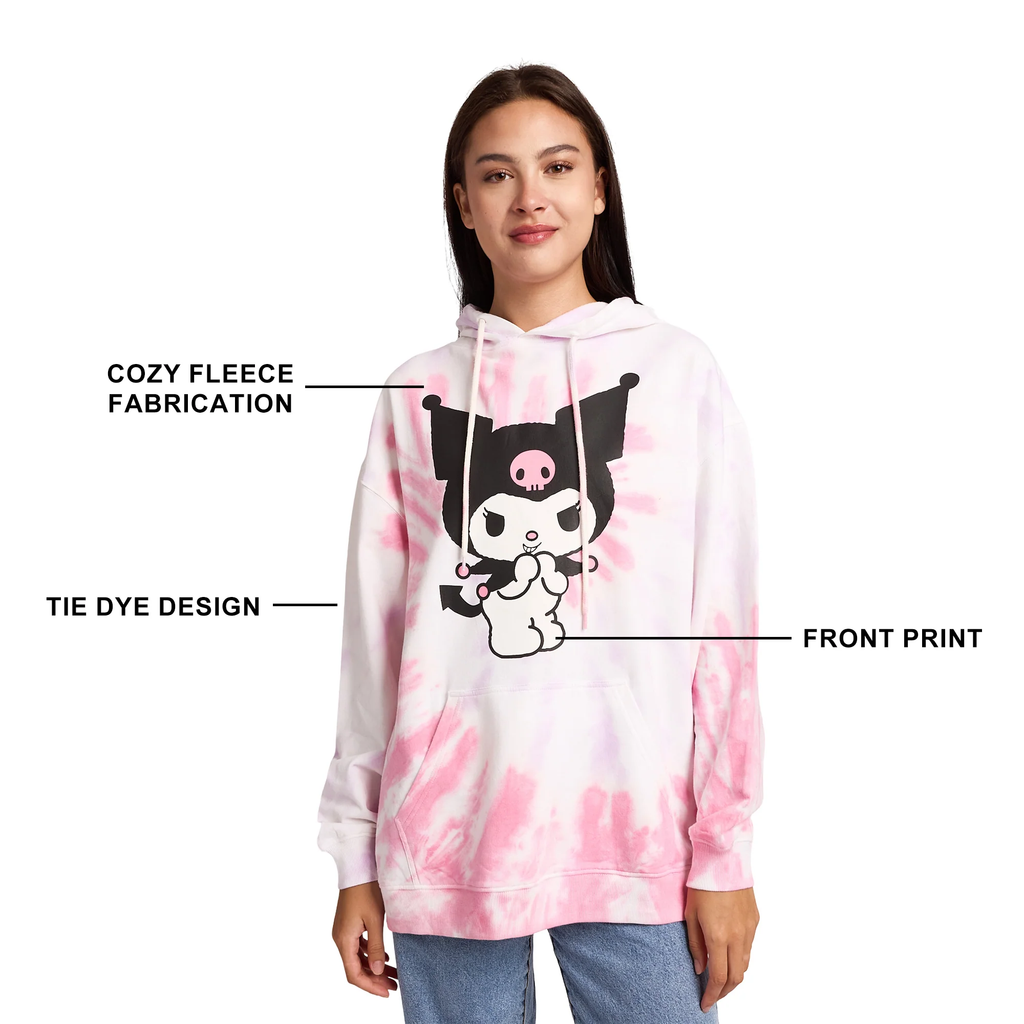 Sanrio Kuromi Ice Cream Treats Women's Pink Tie-Dye Long Sleeve Fleece Hooded Sweatshirt