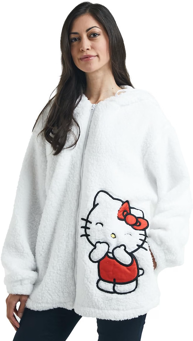 Hello Kitty Women's White Long Sleeve Cosplay Faux Shearling Zip-Up Hoodie-5
