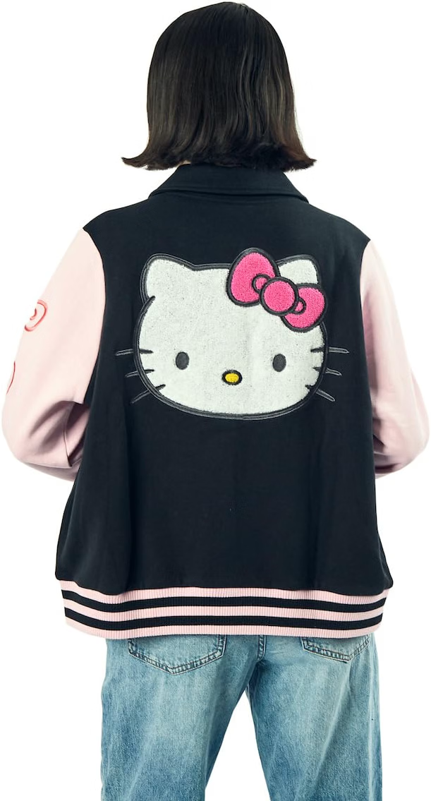 Bioworld Sanrio Hello Kitty Varsity Jacket Women's Embroidered Rainbow Patch Button Up