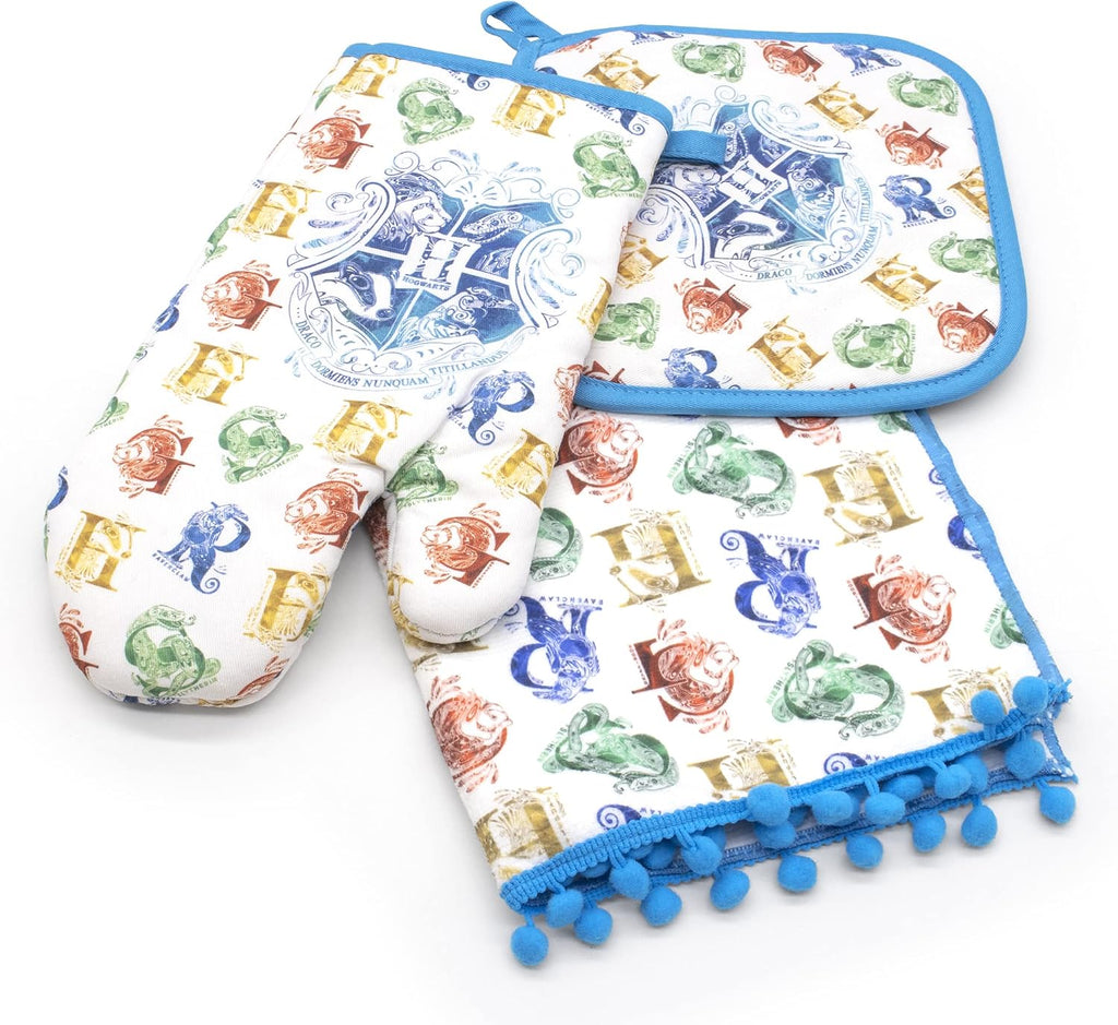 Harry Potter Hogwarts Houses Kitchen Set: 3 Pc Collection- Towel, Mitt, Pot Holder