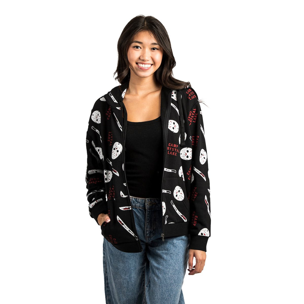 BIOWORLD Friday the 13th Jason Face AOP Adult Zip Up Hoodie Multicolored