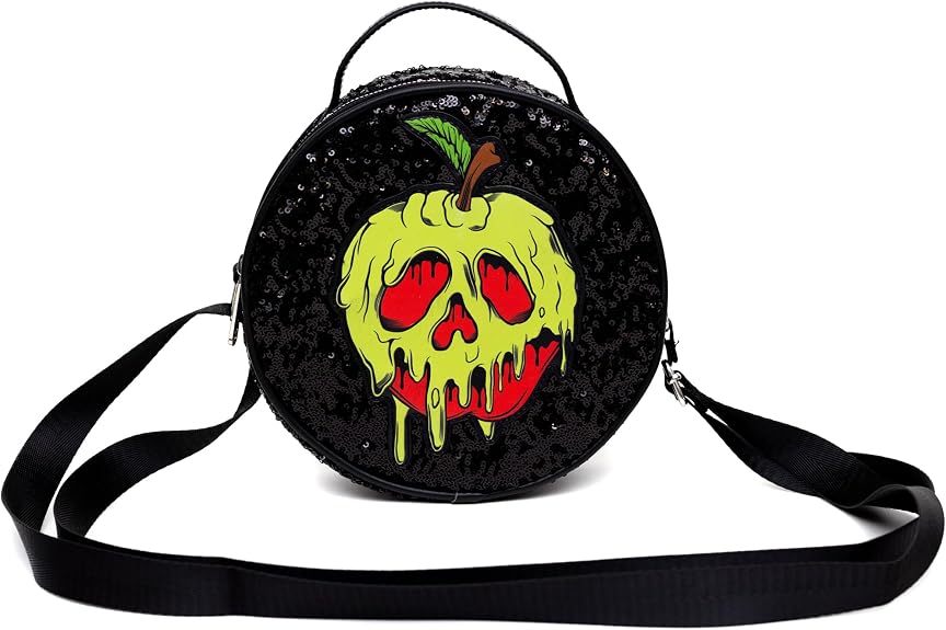 Disney Bag Crossbody Round Snow White Poison Apple Glow in the Dark Applique, Black Sequin, Vegan Leather, Black, 8.0 x 8.0 Inches-zoom-4