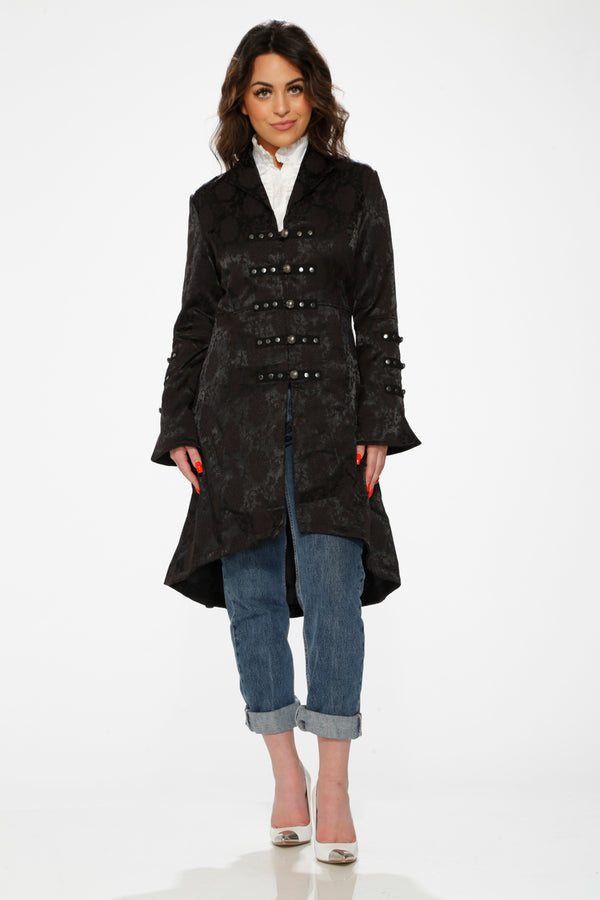 Orchid Bloom Black Brocade HiLo Coat-5