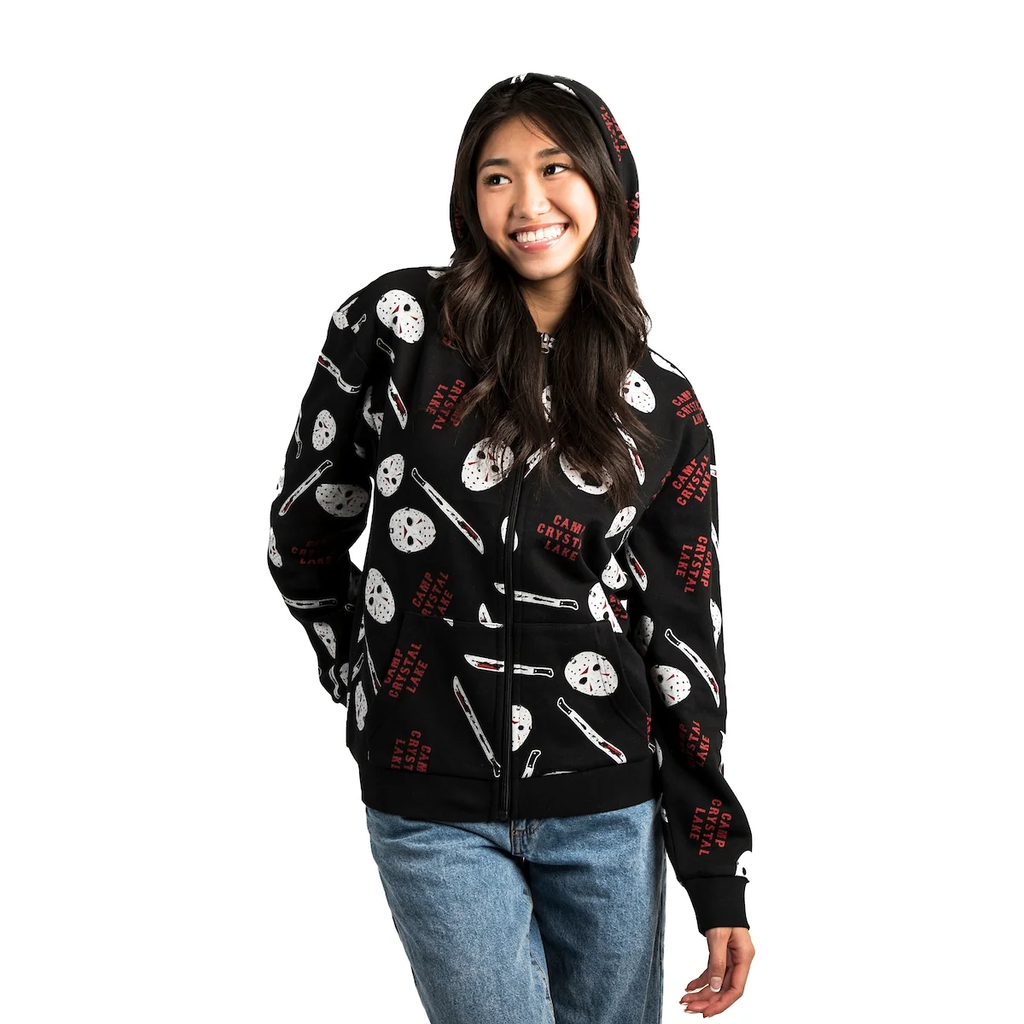 BIOWORLD Friday the 13th Jason Face AOP Adult Zip Up Hoodie Multicolored