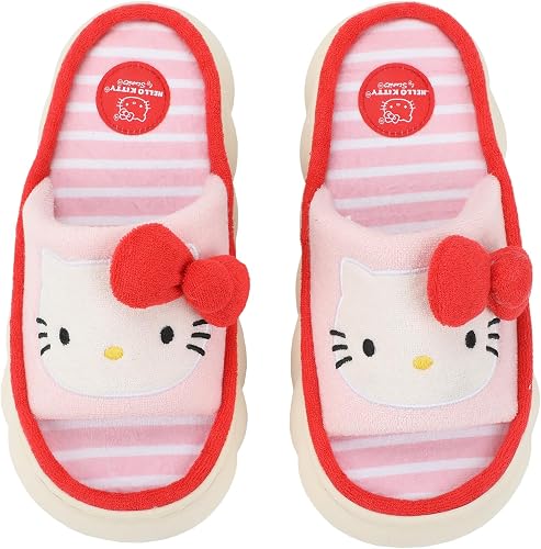 Hello Kitty 3D Character Face Art Women Pink and White Striped Open Toe Slippers-zoom-2
