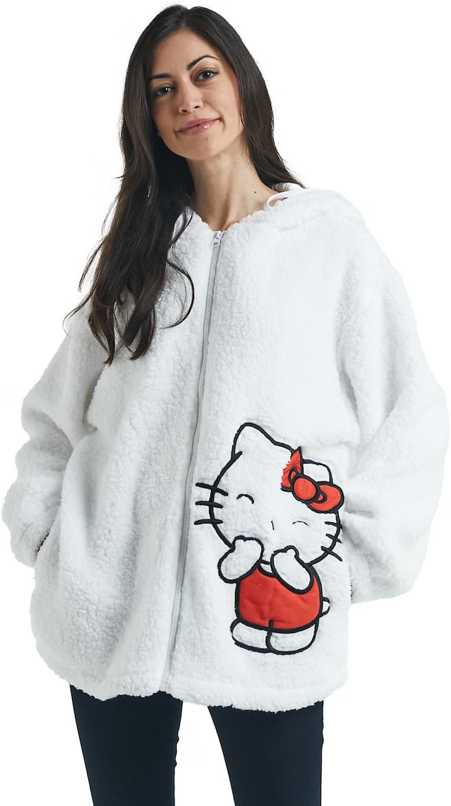 Hello Kitty Women's White Long Sleeve Cosplay Faux Shearling Zip-Up Hoodie-zoom-1