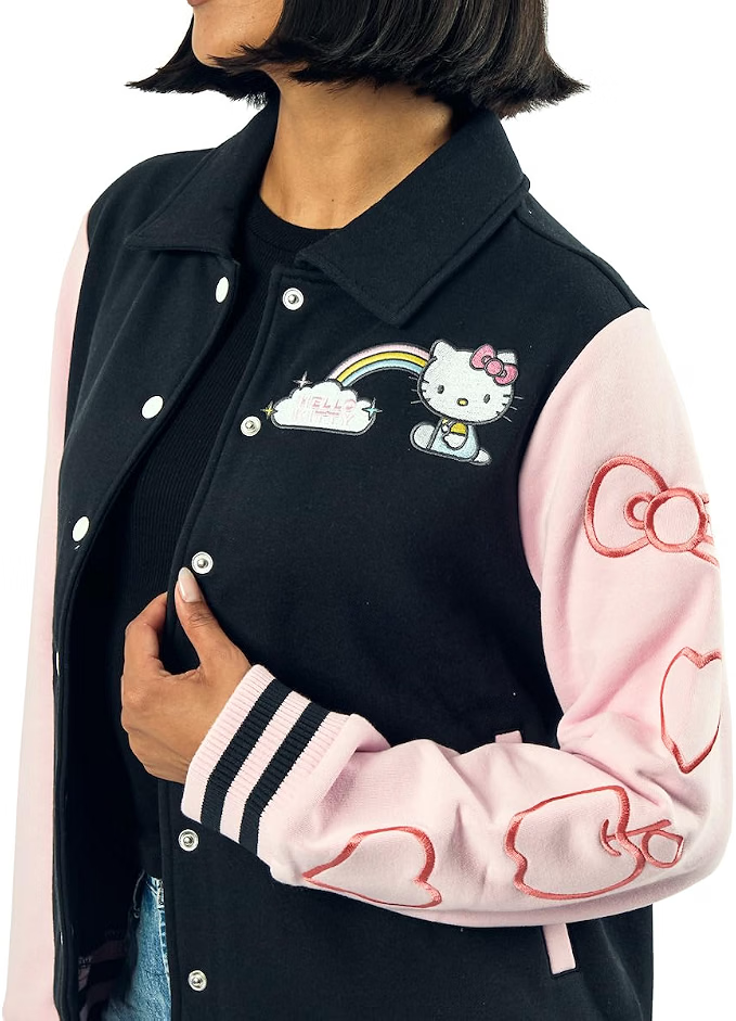 Bioworld Sanrio Hello Kitty Varsity Jacket Women's Embroidered Rainbow Patch Button Up