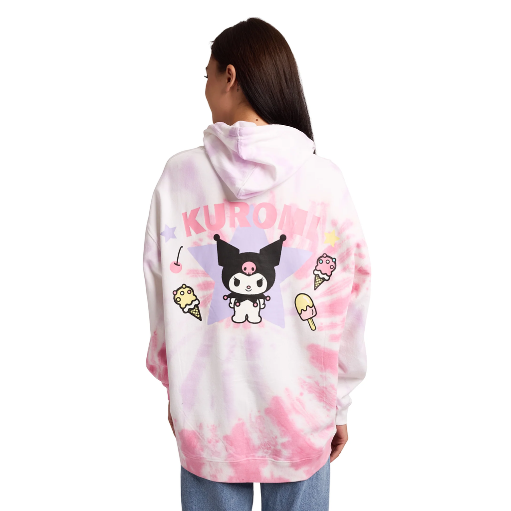 Sanrio Kuromi Ice Cream Treats Women's Pink Tie-Dye Long Sleeve Fleece Hooded Sweatshirt