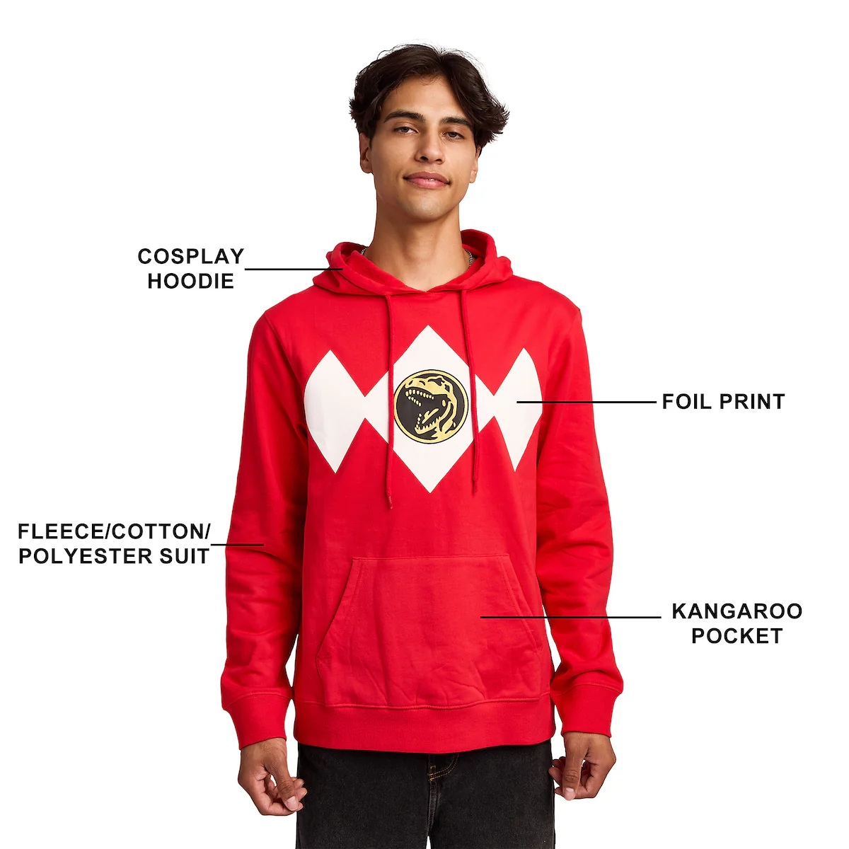 Power Rangers Red Ranger Dino Men's Red Long Sleeve Hooded Sweatshirt-zoom-3