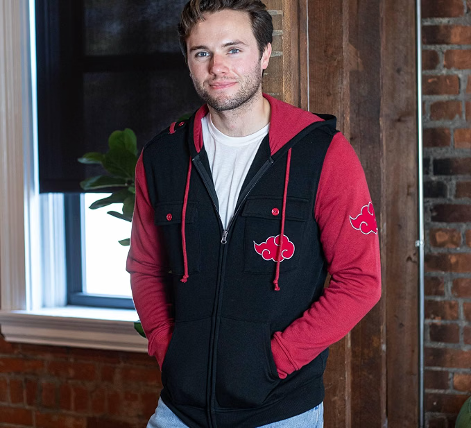 Naruto Shippuden Men's Full Zip-Up Hooded Sweatshirt Akatsuki Cloud Anime Fleece Hoodie Black Red-zoom-3