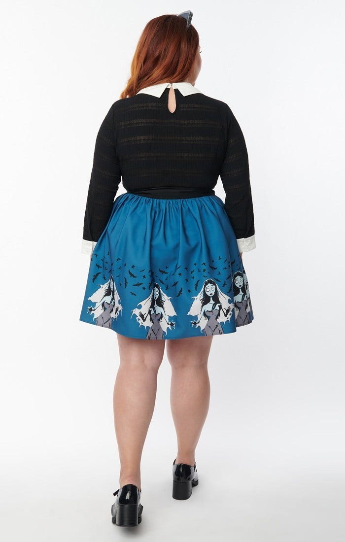 Corpse Bride x Unique Vintage Black & Blue Border Print Asymmetrical Swing Skirt