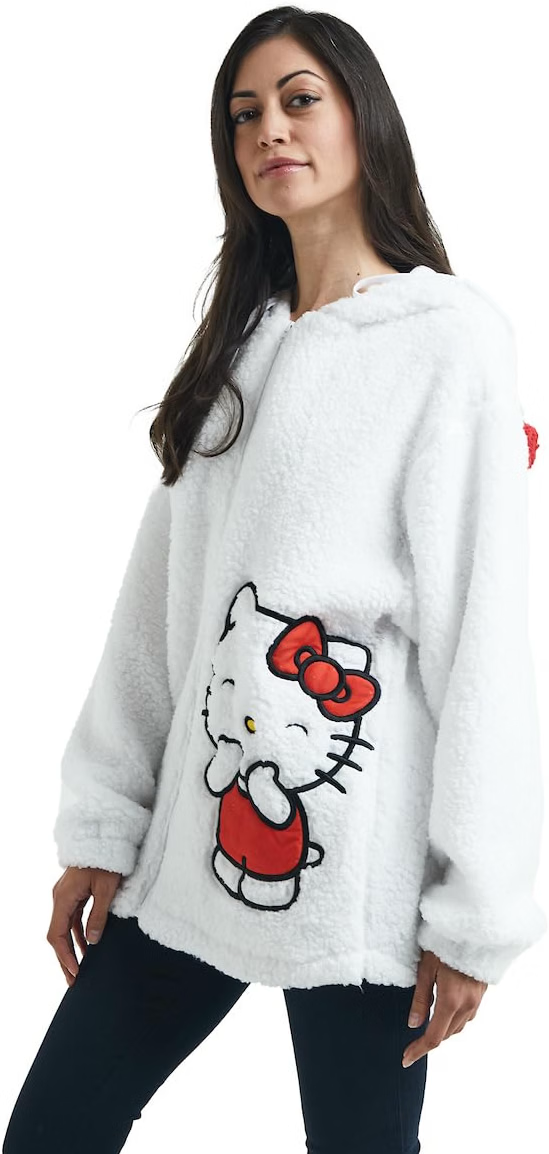 Hello Kitty Women's White Long Sleeve Cosplay Faux Shearling Zip-Up Hoodie-6