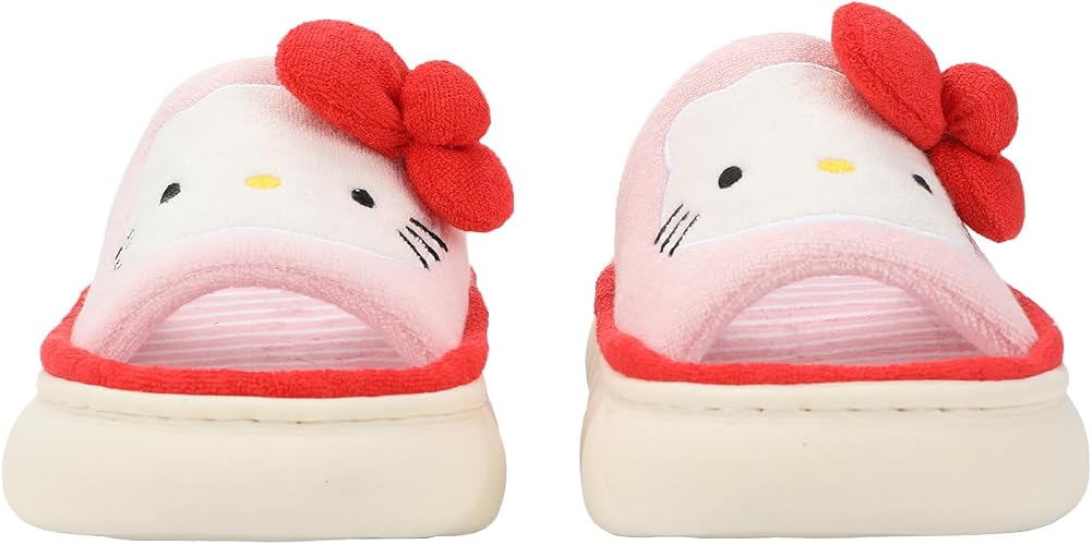 Hello Kitty 3D Character Face Art Women Pink and White Striped Open Toe Slippers-4