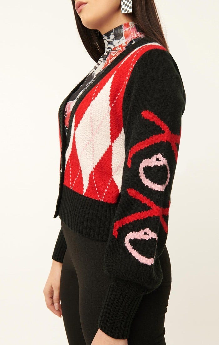 Unique Vintage Harley Quinn x Smak Parlour black and red argyle XOXO Cardigan-5