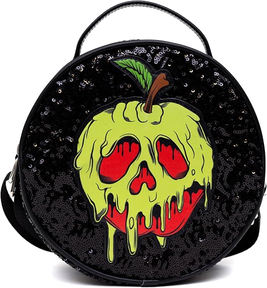 Disney Bag Crossbody Round Snow White Poison Apple Glow in the Dark Applique, Black Sequin, Vegan Leather, Black, 8.0 x 8.0 Inches-1