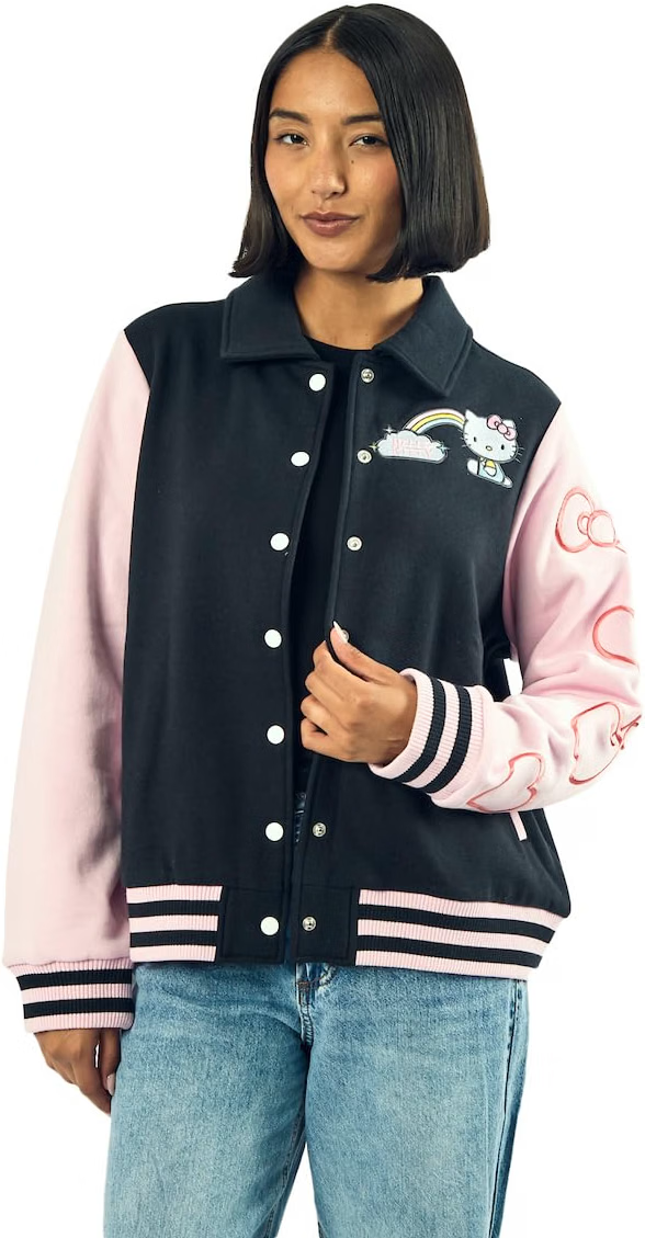 Bioworld Sanrio Hello Kitty Varsity Jacket Women's Embroidered Rainbow Patch Button Up