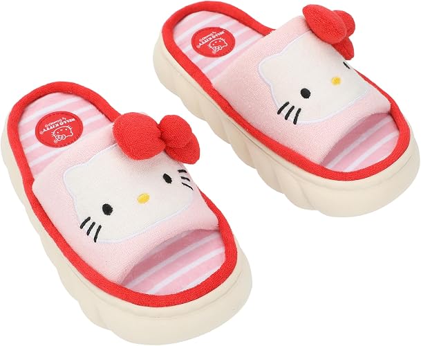 Hello Kitty 3D Character Face Art Women Pink and White Striped Open Toe Slippers-zoom-1