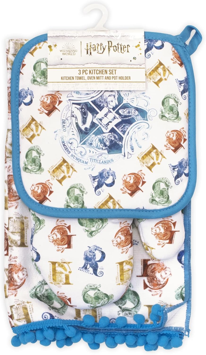 Harry Potter Hogwarts Houses Kitchen Set: 3 Pc Collection- Towel, Mitt, Pot Holder