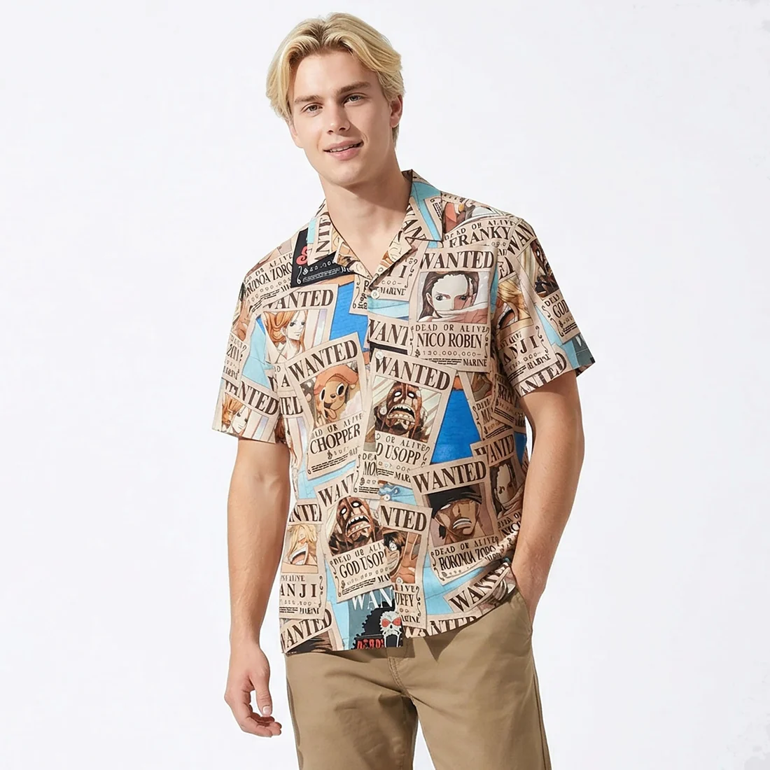 One Piece Straw Hat Pirates Wanted Posters Camp Collar Button Up-zoom-5