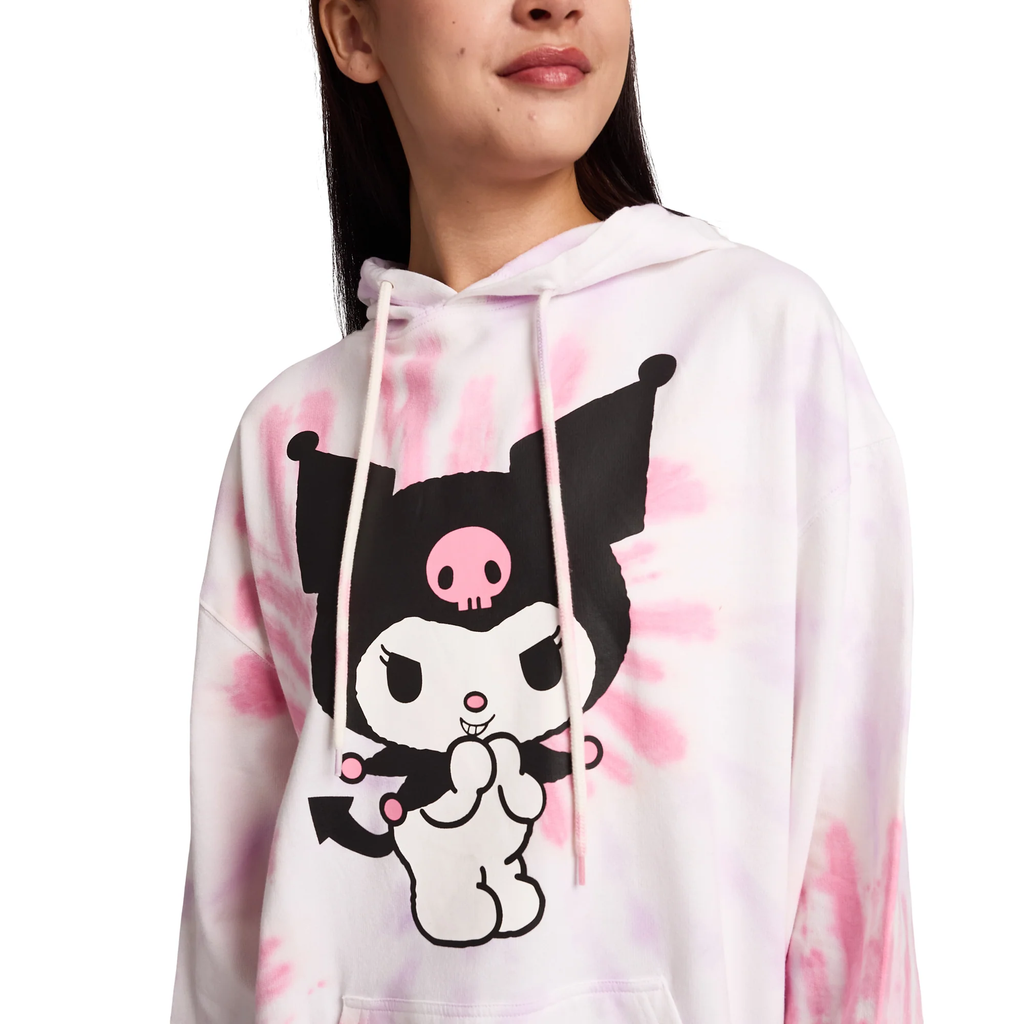Sanrio Kuromi Ice Cream Treats Women's Pink Tie-Dye Long Sleeve Fleece Hooded Sweatshirt