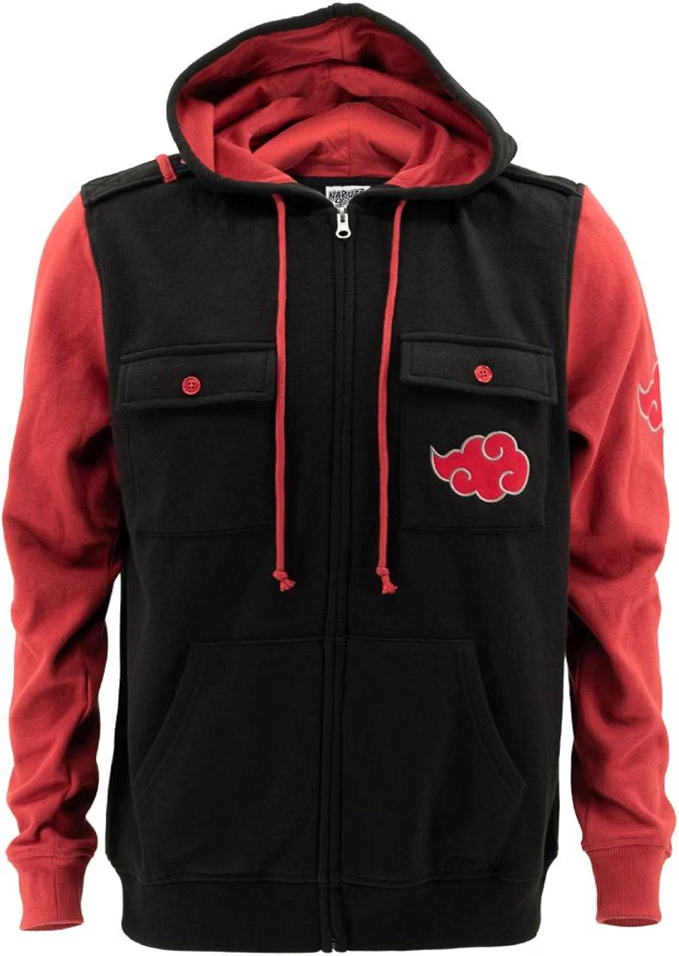 Naruto Shippuden Men's Full Zip-Up Hooded Sweatshirt Akatsuki Cloud Anime Fleece Hoodie Black Red-zoom-1