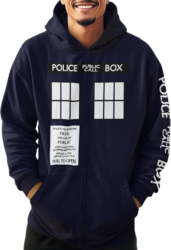 Doctor Who Full Zip-Up Hooded Sweatshirt Tardis Police Public Call Box Pull to Open-1