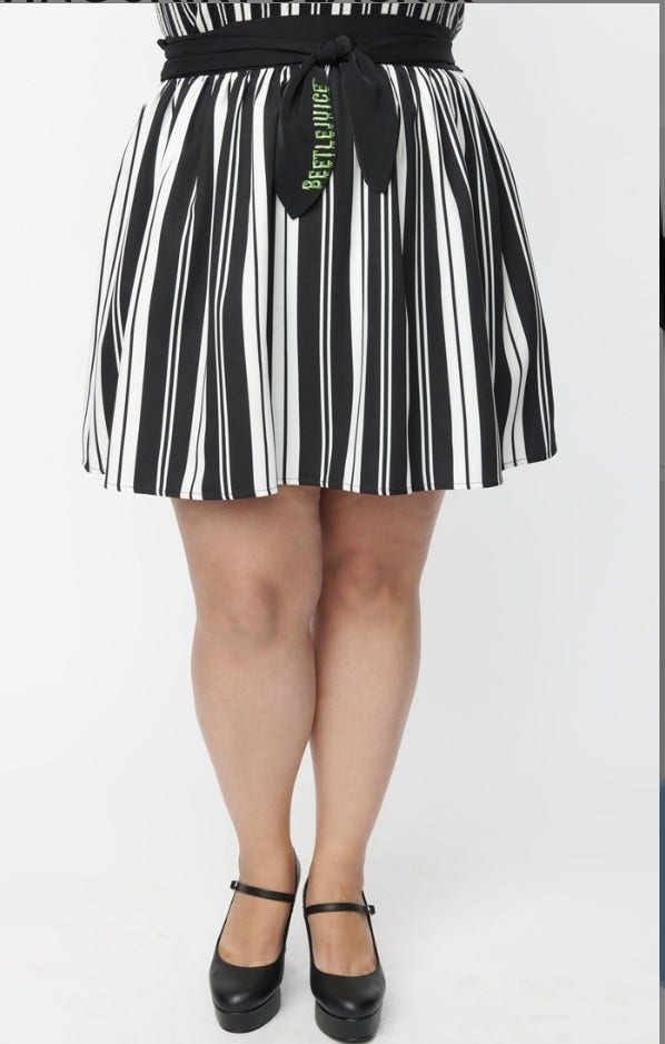 Unique Vintage x Beetlejuice Black and White Striped Flare Skirt