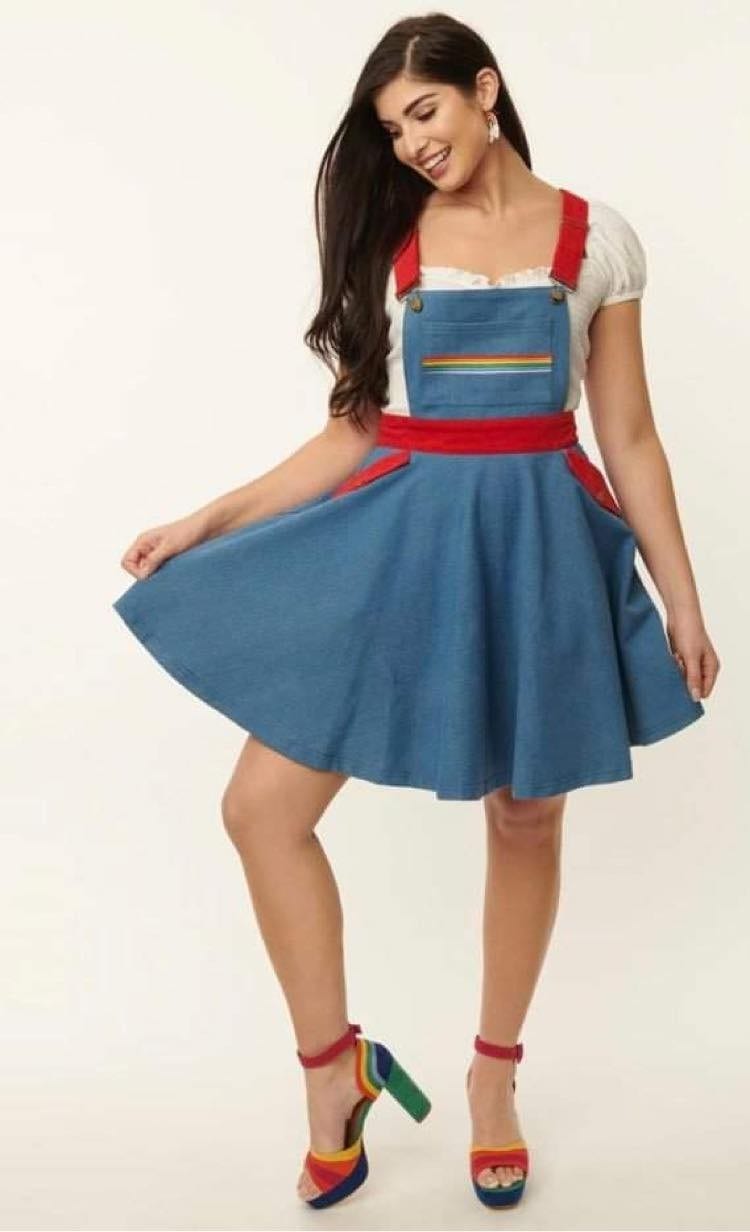 Rainbow Brite x Unique Vintage Blue Denim Rainbow Pinafore Dress-1