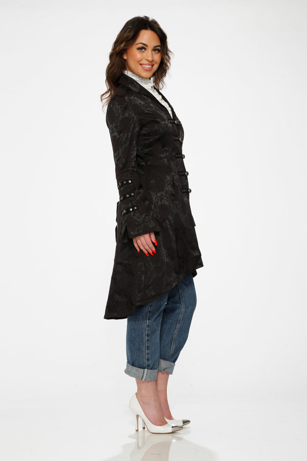 Orchid Bloom Black Brocade HiLo Coat-zoom-6