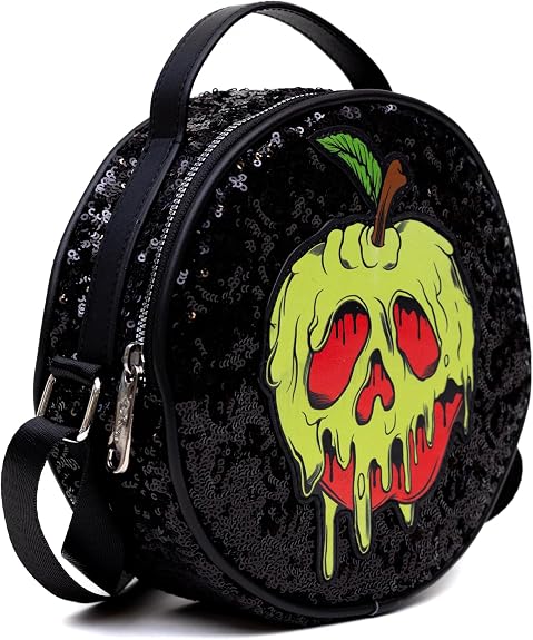 Disney Bag Crossbody Round Snow White Poison Apple Glow in the Dark Applique, Black Sequin, Vegan Leather, Black, 8.0 x 8.0 Inches-2