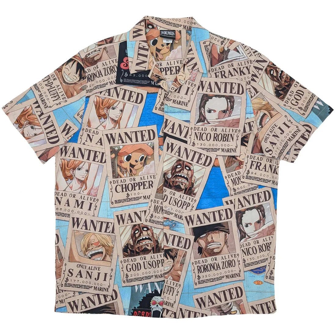 One Piece Straw Hat Pirates Wanted Posters Camp Collar Button Up-zoom-2