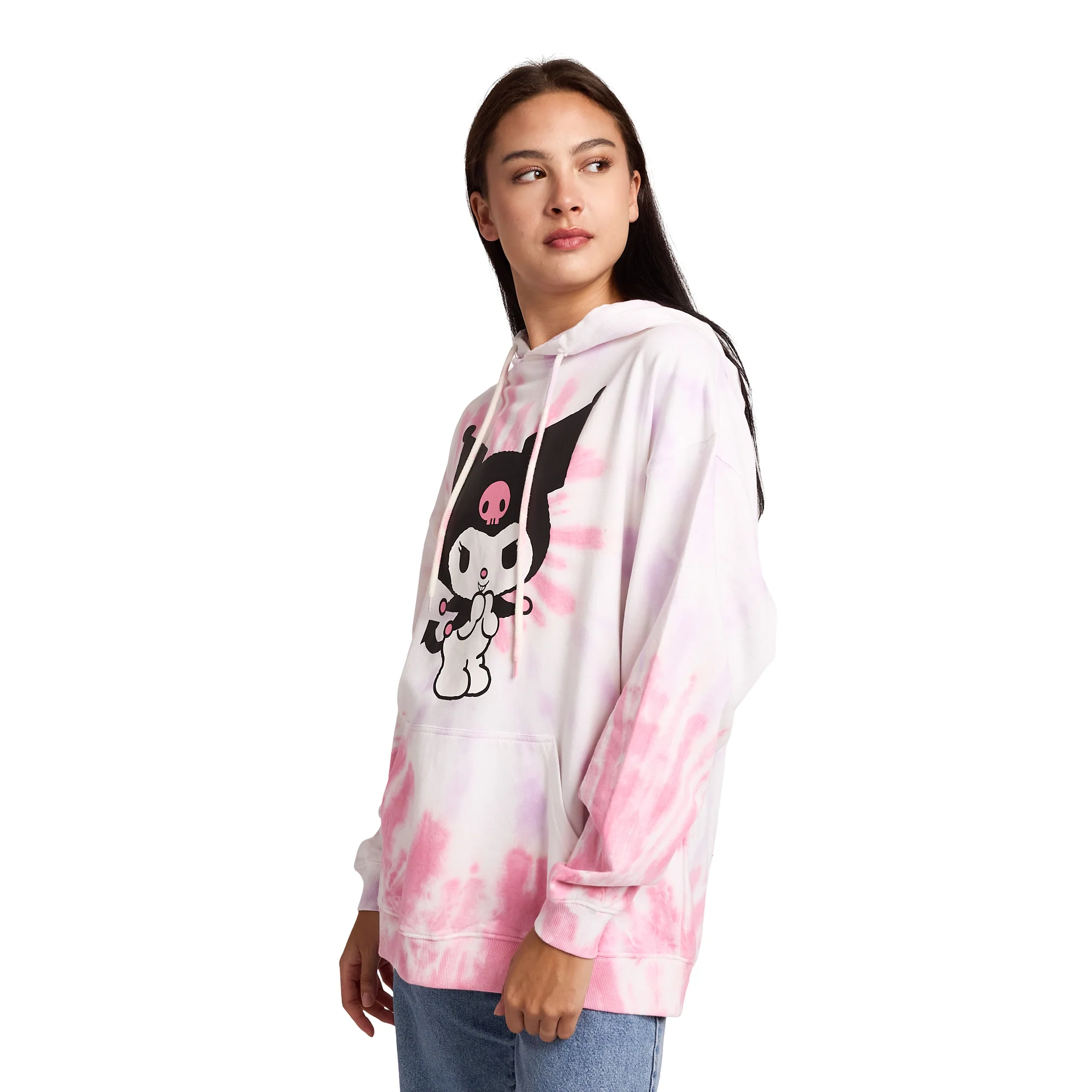 Sanrio Kuromi Ice Cream Treats Women's Pink Tie-Dye Long Sleeve Fleece Hooded Sweatshirt