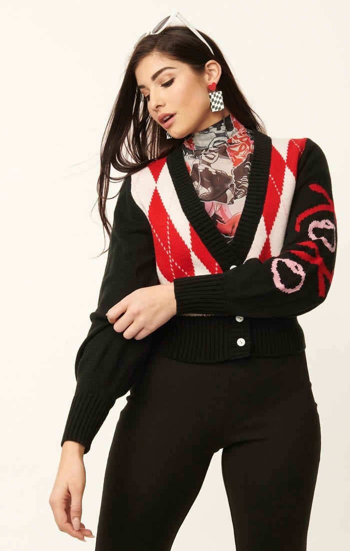 Unique Vintage Harley Quinn x Smak Parlour black and red argyle XOXO Cardigan-zoom-3