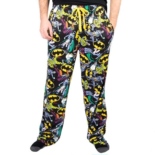 Batman Logos & DC Comics Characters All Over Print Mens Black Sleep Pajama Pants-XXL