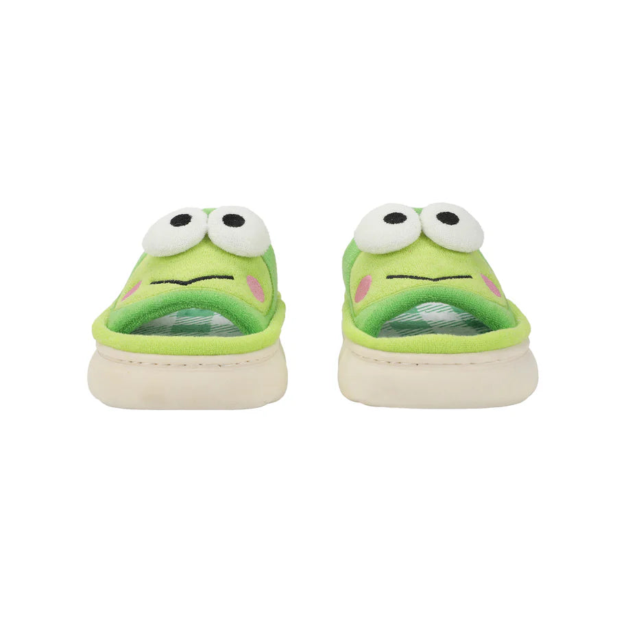 Sanrio Keroppi 3D character face art women's green and white plaid open toed slide slippers-4