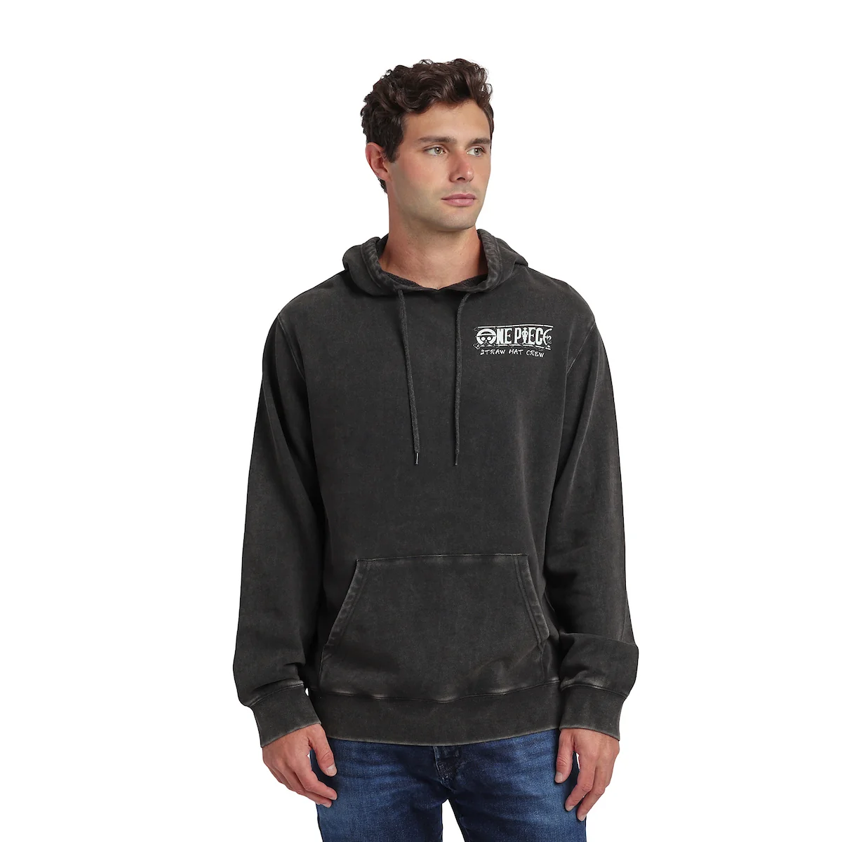 ONE PIECE ANIMATED SERIES OVERSIZED CHARACTER ART MEN'S BLACK MINERAL WASH LONG SLEEVE HOODIE HOODED SWEATSHIRT-zoom-2
