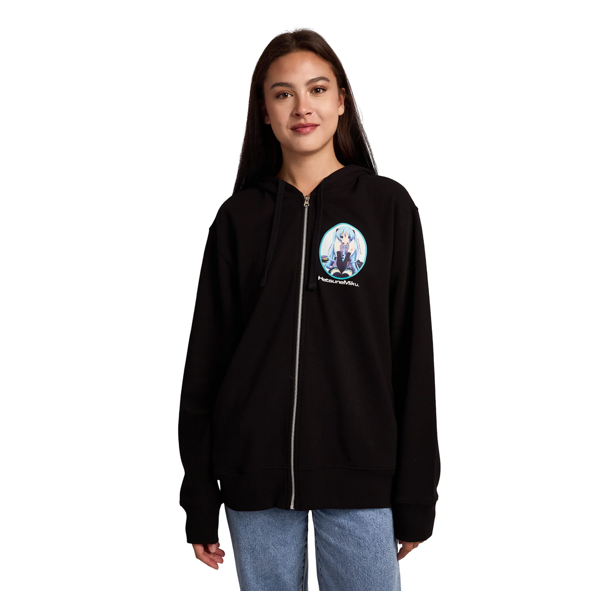 HATSUNE MIKU WOMEN'S BLACK LONG SLEEVE ZIP HOODIE WITH COSPLAY BUNNY EARS-6