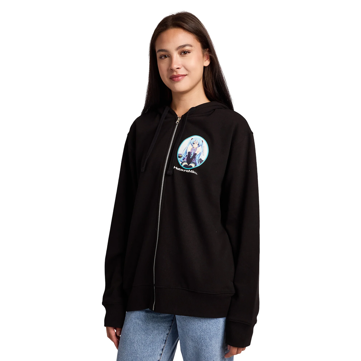 HATSUNE MIKU WOMEN'S BLACK LONG SLEEVE ZIP HOODIE WITH COSPLAY BUNNY EARS-2